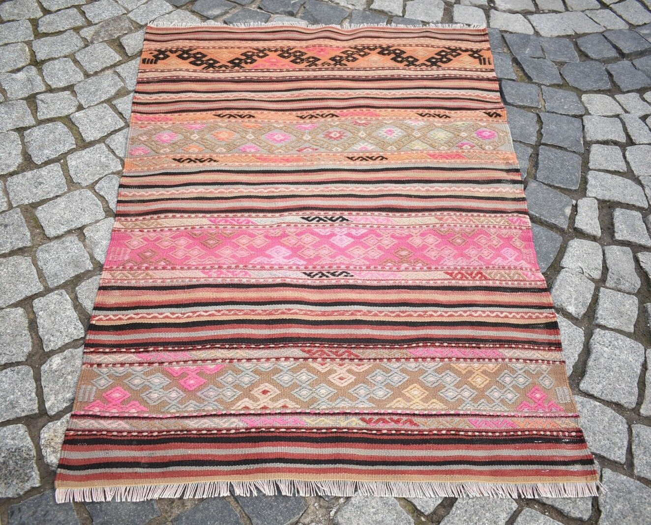 Turkish Rug 32'' x 45'' Anatolian Oushak Kilim Striped Design Embroidered Rug gallery