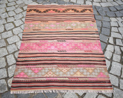 Turkish Rug 32” x 45” Anatolian Oushak Kilim Striped Design Embroidered Rug