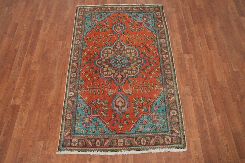 Orange Wool Floral Traditional Accent Rug 3x5 ft Hand-knotted Distressed Carpet gallery