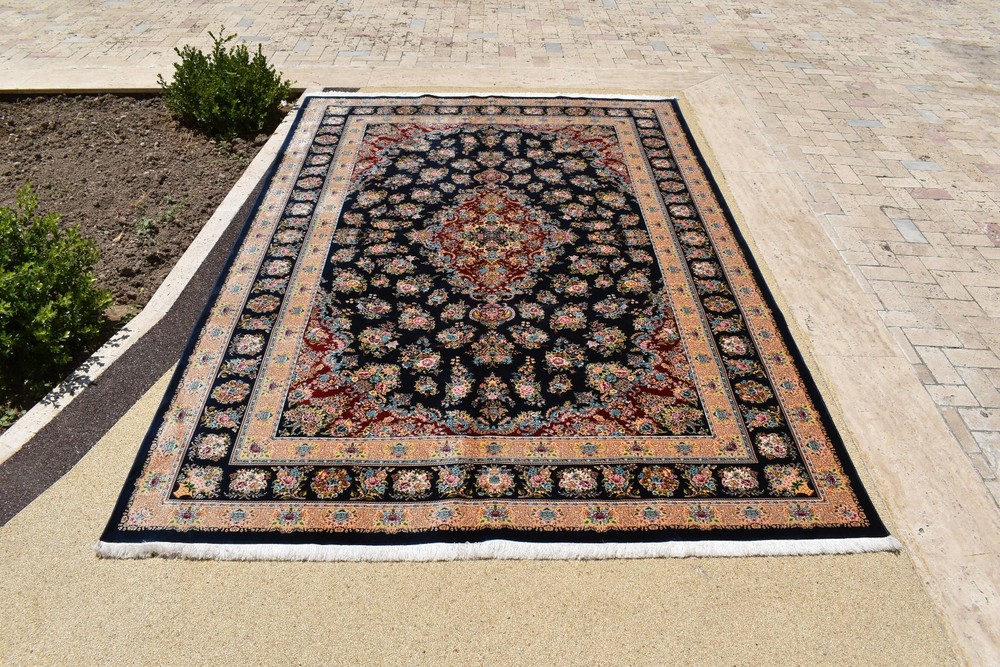 6x9 Navy Blue Persian Style Bamboo Silk Floral Medallion Area Rug Machine Made