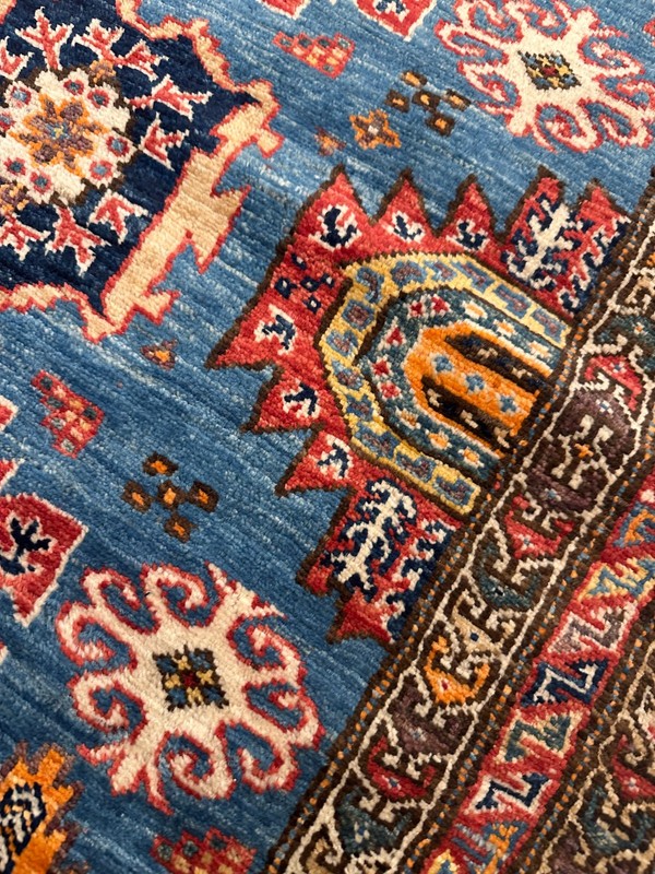 Bright Blue Fine Quality New Handmade Afghan Kazakh Accent Rug, 3'x5' gallery