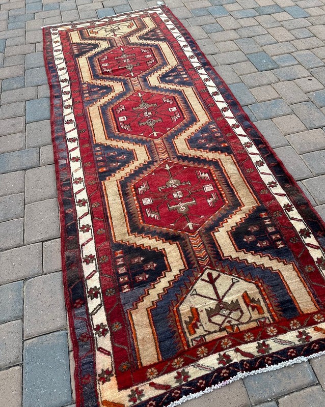 Handmade Vintage Tribal & Geometric Colorful Turkish Runner, Distressed, 4x10 gallery