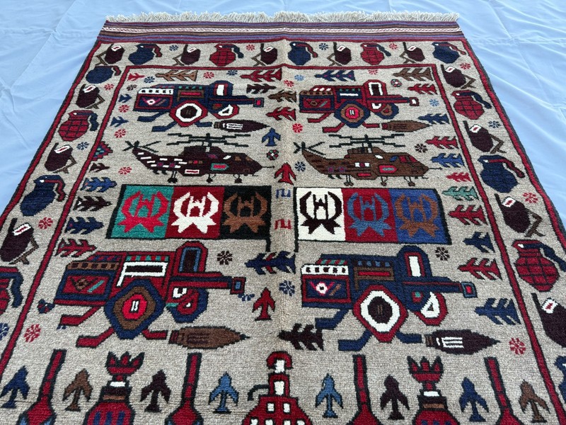 Fine Hand Knotted Afghan War Rug 4x6 ft Vintage Persian Style Pictorial Carpet gallery