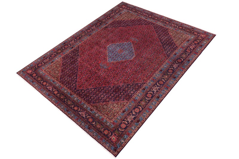 Hand-Knotted Wool Area Rug - Ruby Red & Navy All-Over Floral 9'7 x12'6 gallery