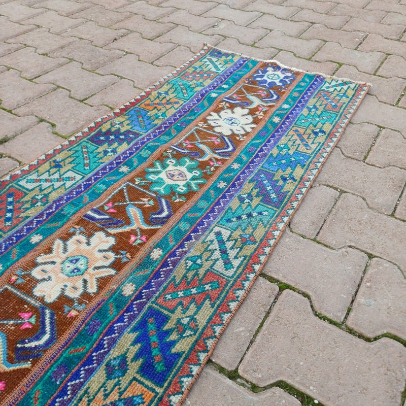 Turquoise Brown 1x4 ft Vintage Turkish Wool Accent Rug For Entryway- Tariff Free gallery