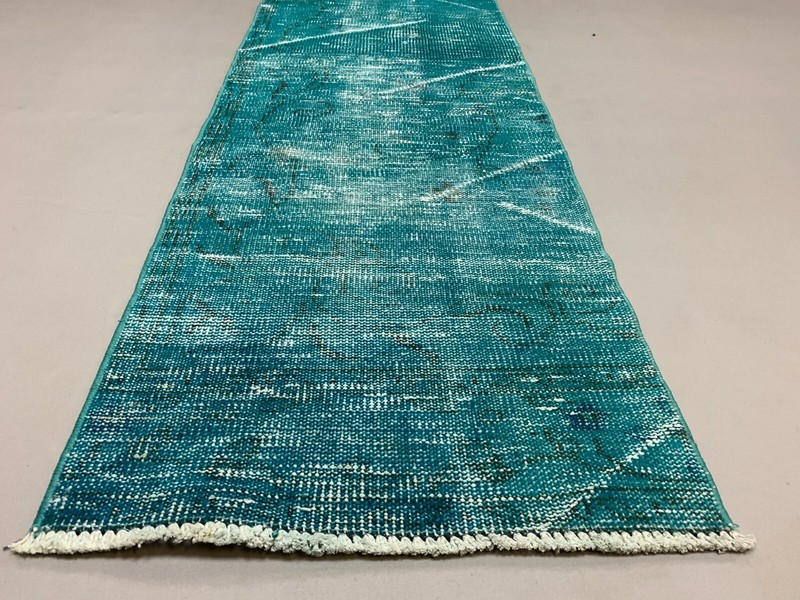 Distressed Turkish Narrow Runner 255x55 cm wool Vintage rug, Overdyed Blue gallery