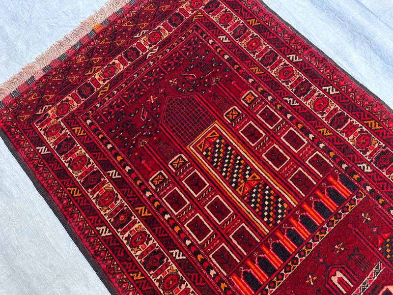 Vintage Afghan Turkmen Kizil Ayak Prayer Rug Mosque Hand Knotted Wool 2.7x4.6 gallery