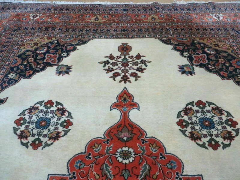 Indian Oriental Rug 9x12 Semi Open Field Medallion Ivory Tomato Red Handmade gallery