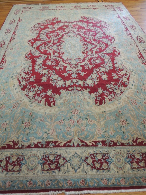 9x12 Antique Kermaan wool Oriental Rug Ivory Blue Red Medallion WOW! gallery