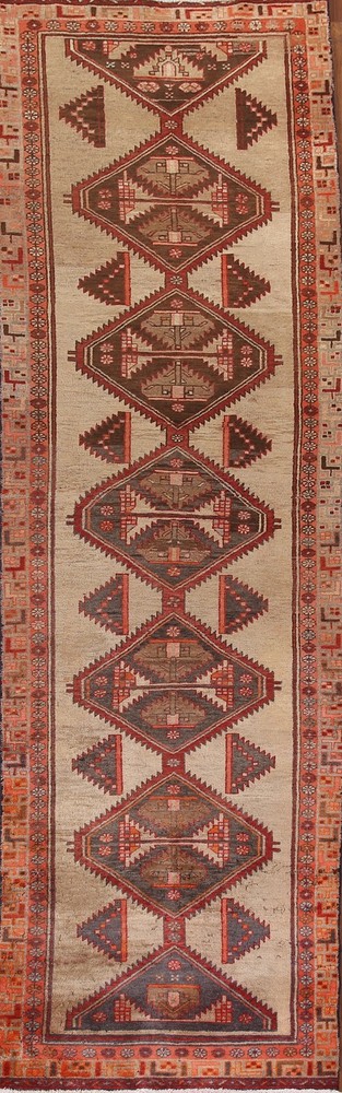 Vintage Geometric Runner Rug 3x13 Traditional Hand-knotted Wool Hallway Carpet