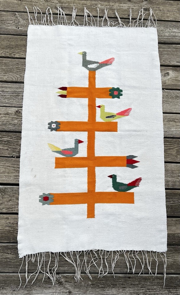 Vtg Wool Kilim Rug Bird Tapestry Tree Of Life 50"x30.5" Woven Zapotec Oaxacan