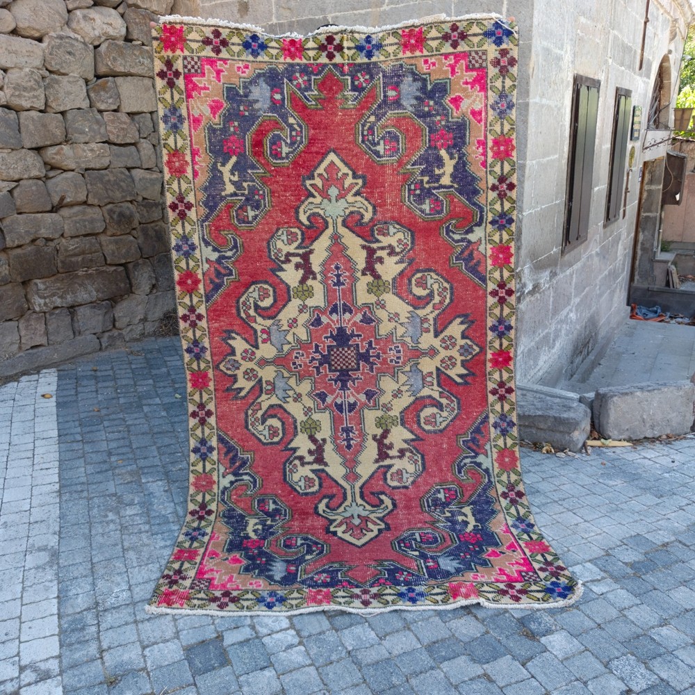 Cappadocian Turkish Vintage Area Rug 3.94 x 7.28 ft , 4x7 Handmade 120 x 222 cm
