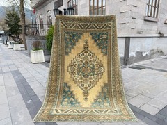 Vintage Oushak Rug 6×9 Large Area Rug Hand-Knotted Wool Turquoise Ivory Rug