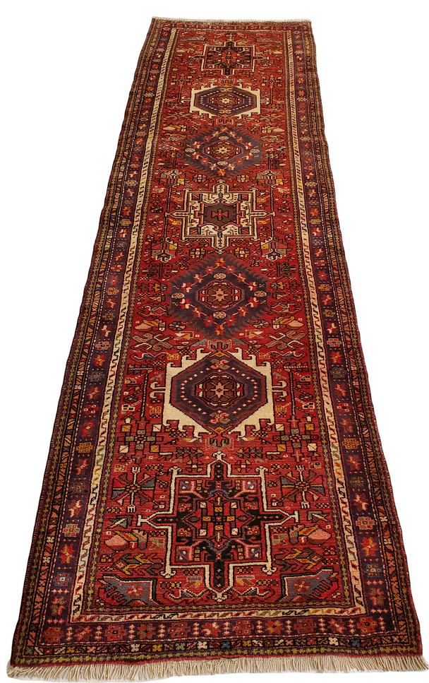 Vintage Red Karajeh runner Multi-Medallion - 3'1" x 10'10"