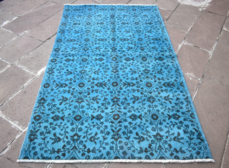Vintage Turkish Rug 48'' x 81'' Hand-knotted Over Dyed Blue Rug Painted Wool Rug gallery