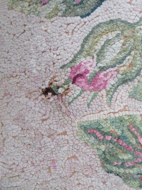 Old Antique FLORAL HOOKED WOOL RUG Aubusson Style Design Pink Flowers 67 x 36 gallery
