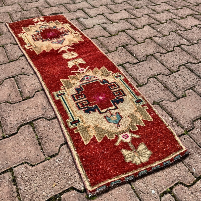 Rust Red 1x4 Distressed Turkish Wool Runner Rug With Teal Accents - Tariff Free gallery