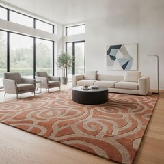 Abstract Terracotta Beige Wool Area Rug Swirl Pattern Contemporary Home Carpet