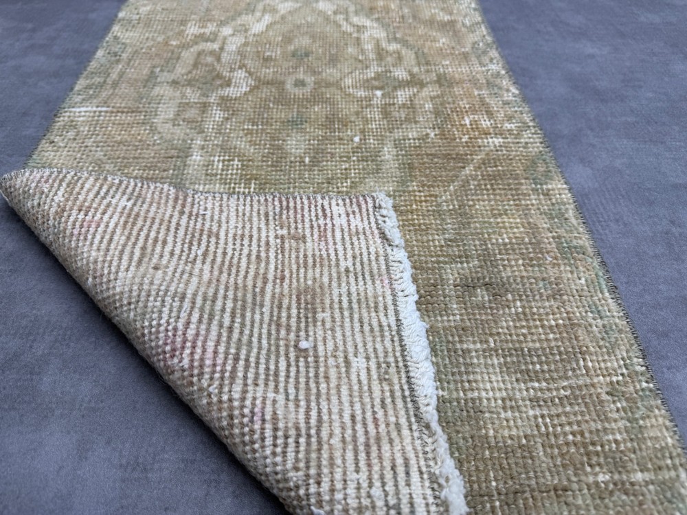 1x3 Hand-Knotted Wool Turkish Door mat, Beige Green Pink Vintage Small Rug