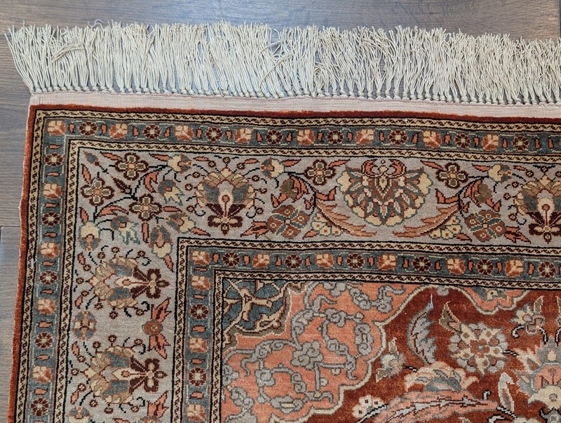 Turkish Hereke Rug 3x5, Fine Hand-Knotted Silk Carpet, Rust Red & Green gallery