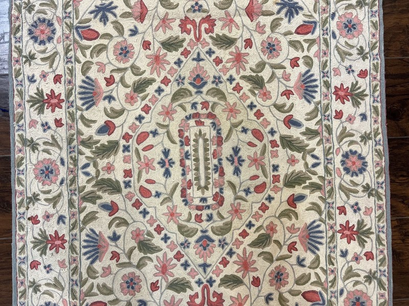 Hand Stitched Indian Rug 4x5, Floral, Vintage Hand Embroidered Rug gallery