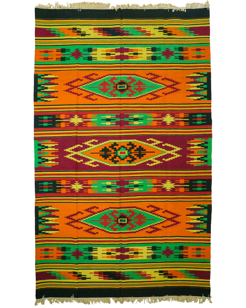 Romanian Oltenian Kilim Rug Handwoven 100% Wool Geometric Orange Green 1970s
