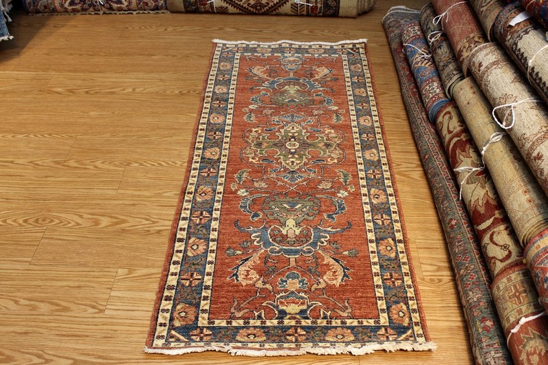 _HAND-MADE_ORIENTAL_RUG_6' long RUNNER vegetable dye Beige BLUE RUST *WOOL-RUG** gallery
