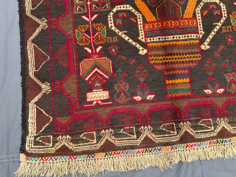 3'7x6'6 ft Vintage Afghan Baluchi Hand-Knotted Pictorial Dark Red Multicolor Rug gallery