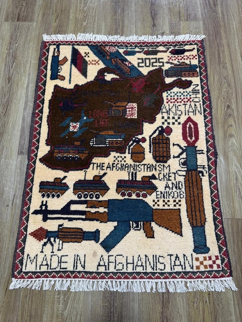 Opium, AK47, 9/11, drone, Palestine USA, Afghan war rugs, hand made carpets, s19 gallery