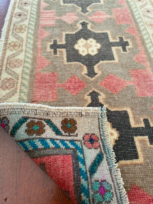 Triple Medallion 2x3 Pink Charcoal Wool Hand Knotted Vintage Turkish Rug Mat gallery