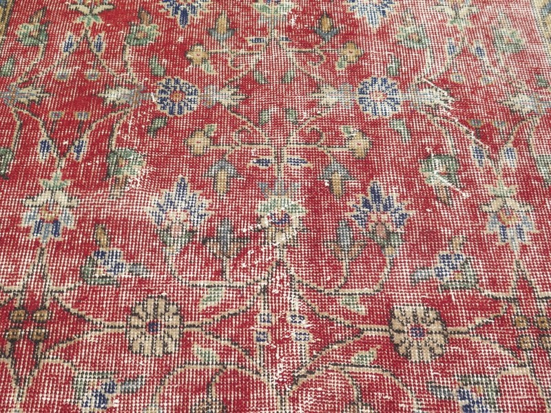 Crimson Red Vintage Distressed Turkish Carpet, Handwoven Floral Wool Rug 45"x80" gallery