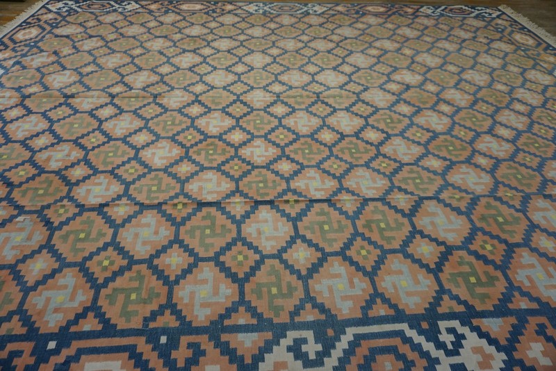 12X15 Vintage Indian Dhurries Blue Cotton Area Rug 1935 gallery