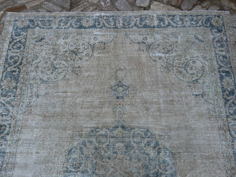 Hand-Woven Medallion Turkish Rug 7x10 Blue Large Wool Carpet Muted for Saloon gallery