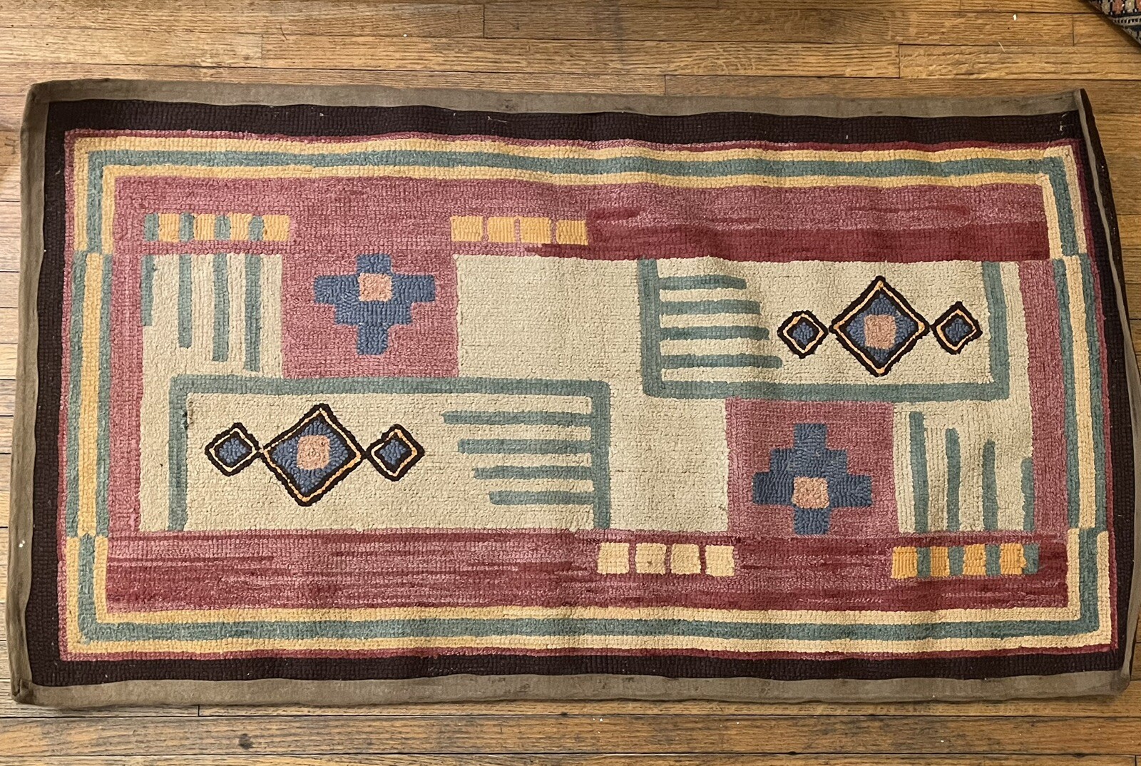 Mid-Century Geometric Throw Rug w/ Pastel Red/Pink/Light Blue, 46 X 25 3/4 gallery