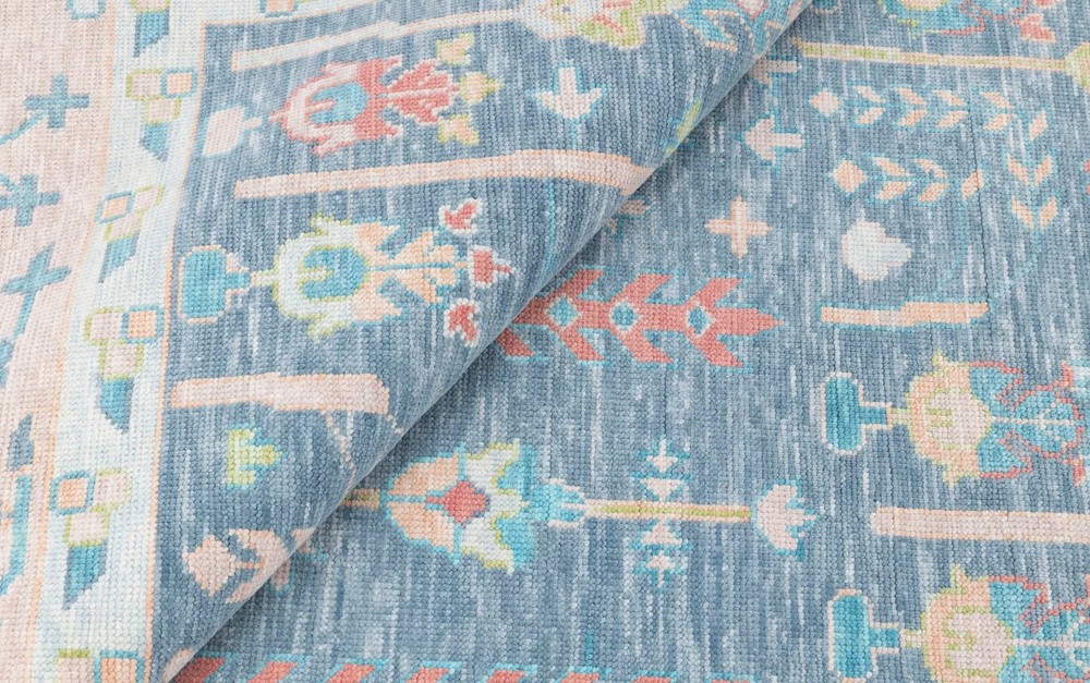 Muted Blue Turkish Oushak Rugs Hand Knotted Woolen Floral Style Livingroom Rugs