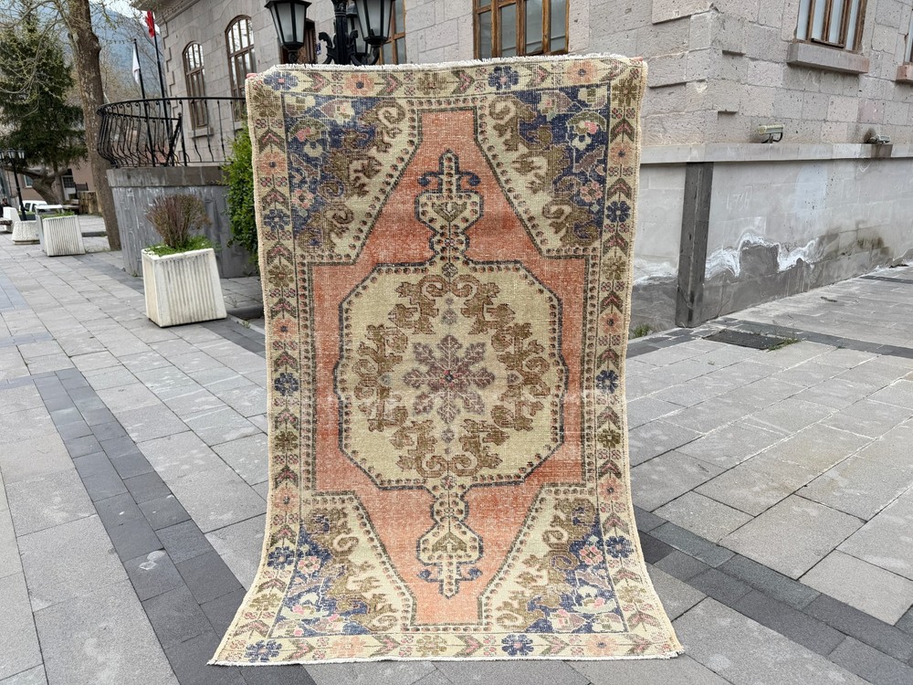 Vintage Turkish Oushak Rug 4.6x7.6 ft Terracotta Boho Hand Knotted Wool Rug