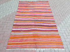 Vintage Turkish Kilim Wool Rug Multicolor Boho Carpet Striped Large Rug 61″x102″