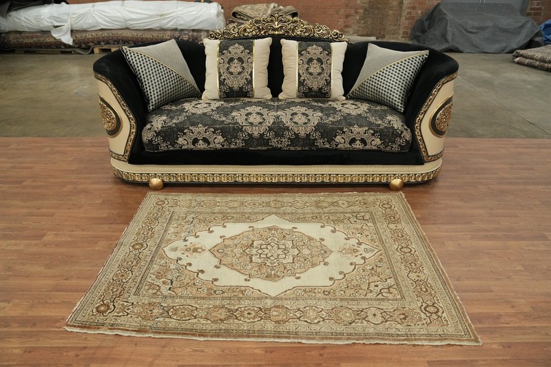 Pre-1900 4x6 Antique Beige Traditional Rug in Geometric Gold & Ivory Design gallery