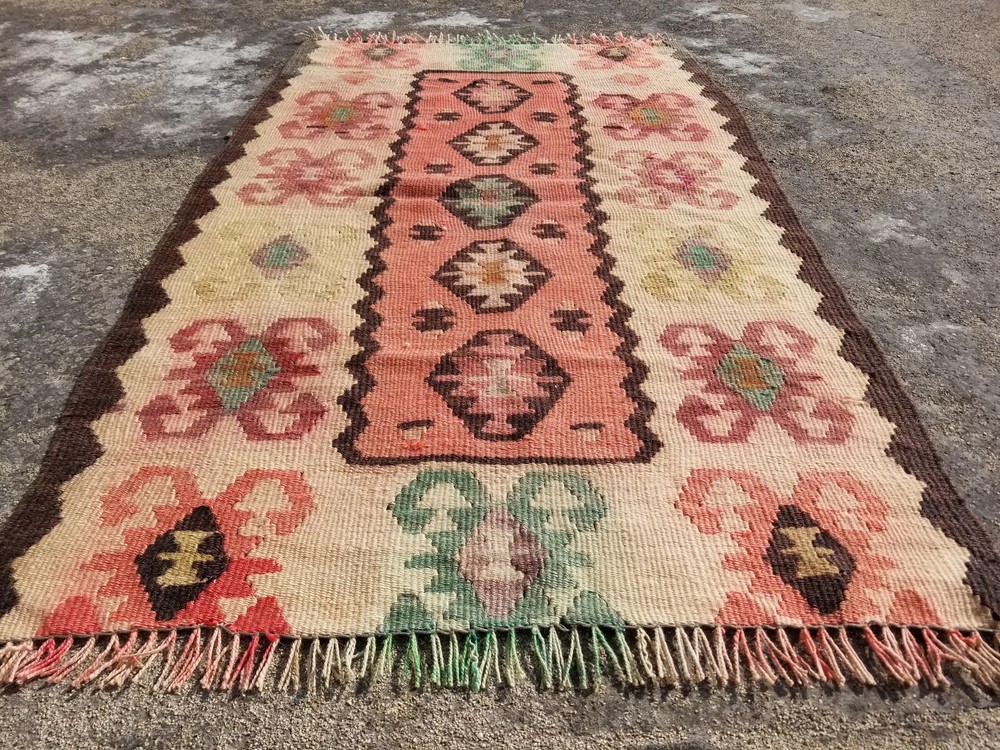 Distressed Vintage Traditional Handmade Turkish Wool Multicolor Kilim 3.4x2.0ft