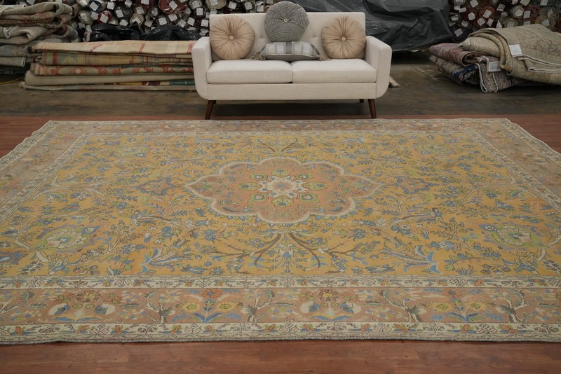 Vintage Over-Dyed Gold/ Brown Handmade Floral Traditional Room Size Rug 10x13 gallery