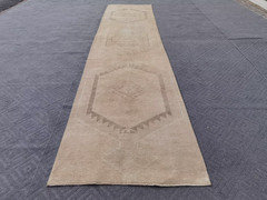 Neutral Runner Rug 3×14 Cream Brown Vintage Turkish Oushak Distressed Beige Rug