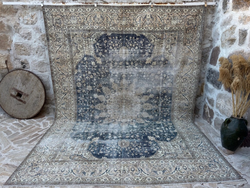 9' x 11'8" Large Hand-Knotted Turkish Carpet Blue Medallion Living Room Deco Rug