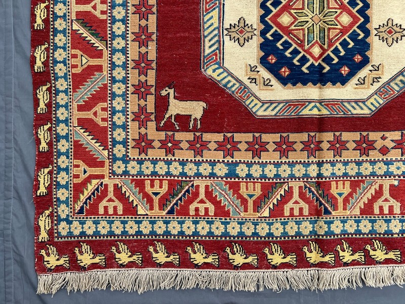 Red Turkish Pictorial Soumak Rug 4'3x7'1 Handmade Wool Animal Tribal Vintage rug gallery