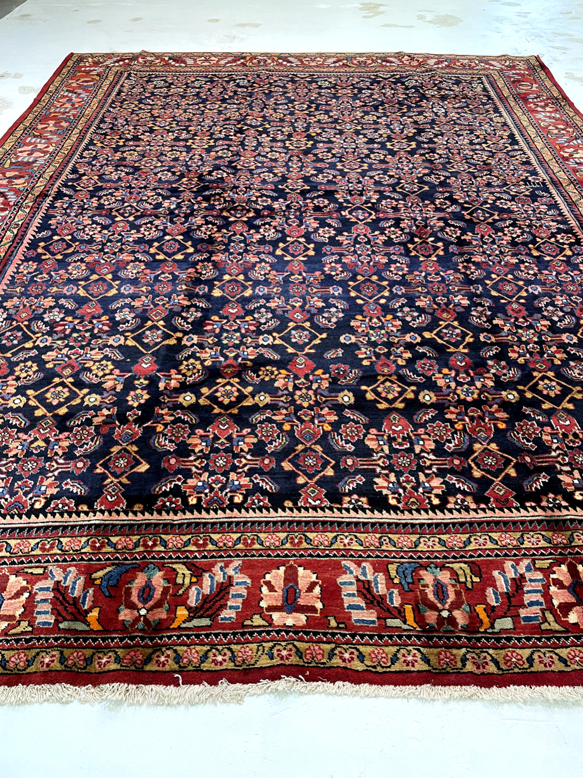Antique Oriental Hand-Knotted Wool Area Rug Navy Blue/Red/Green 10'6" x 13'4" gallery