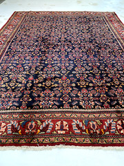 Antique Oriental Hand-Knotted Wool Area Rug Navy Blue/Red/Green 10’6″ x 13’4″