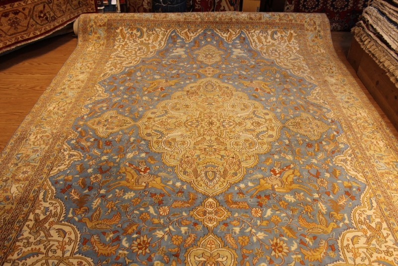Handmade knotted Oriental Rug Pictorial 8' x 12' Wool area rug Blue, gold Heriz gallery
