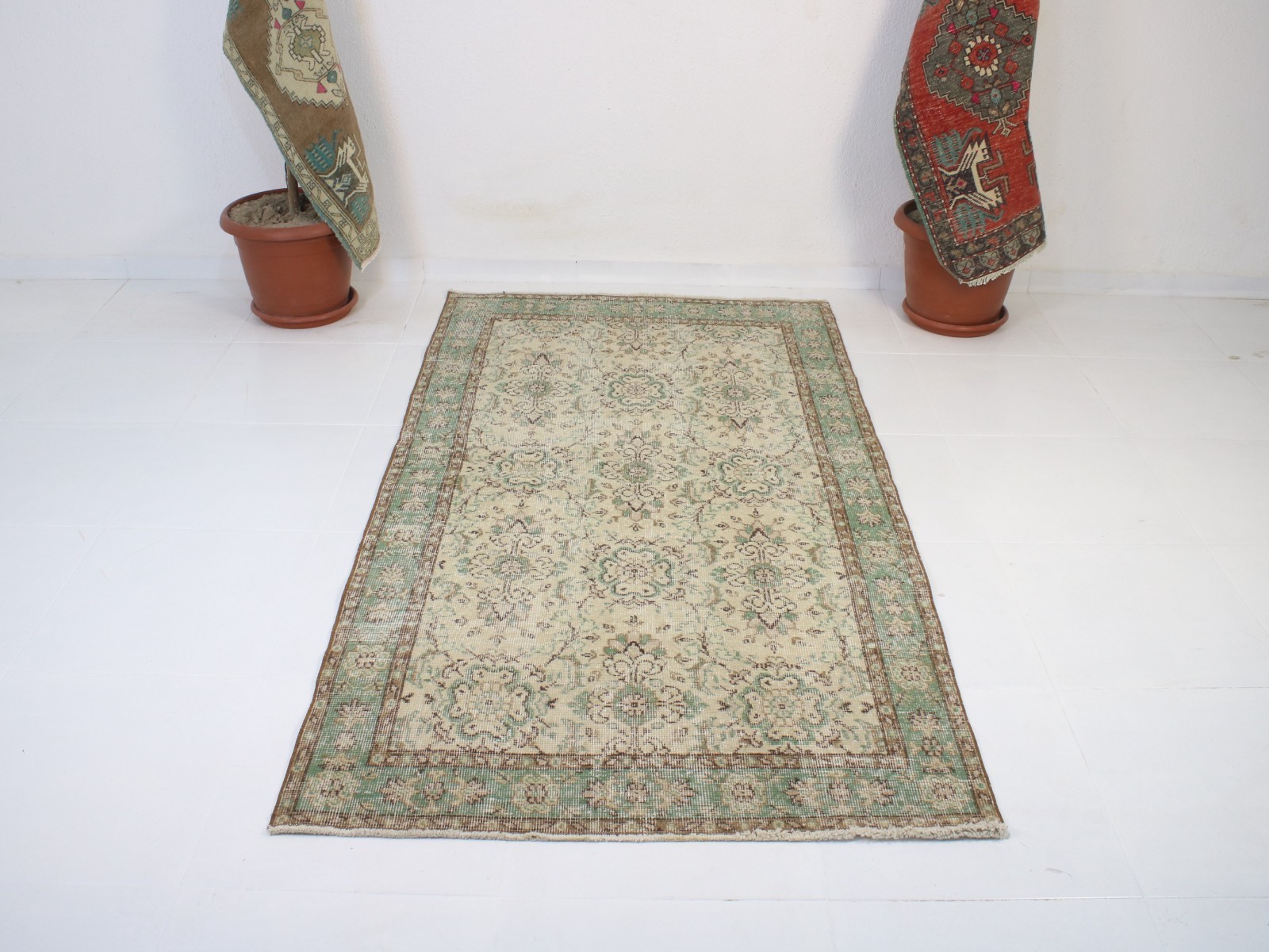 4x7 Turkish Handmade Area Rug Beige Green Floral 3.6x6.6 ft gallery