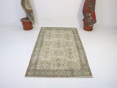 4×7 Turkish Handmade Area Rug Beige Green Floral 3.6×6.6 ft