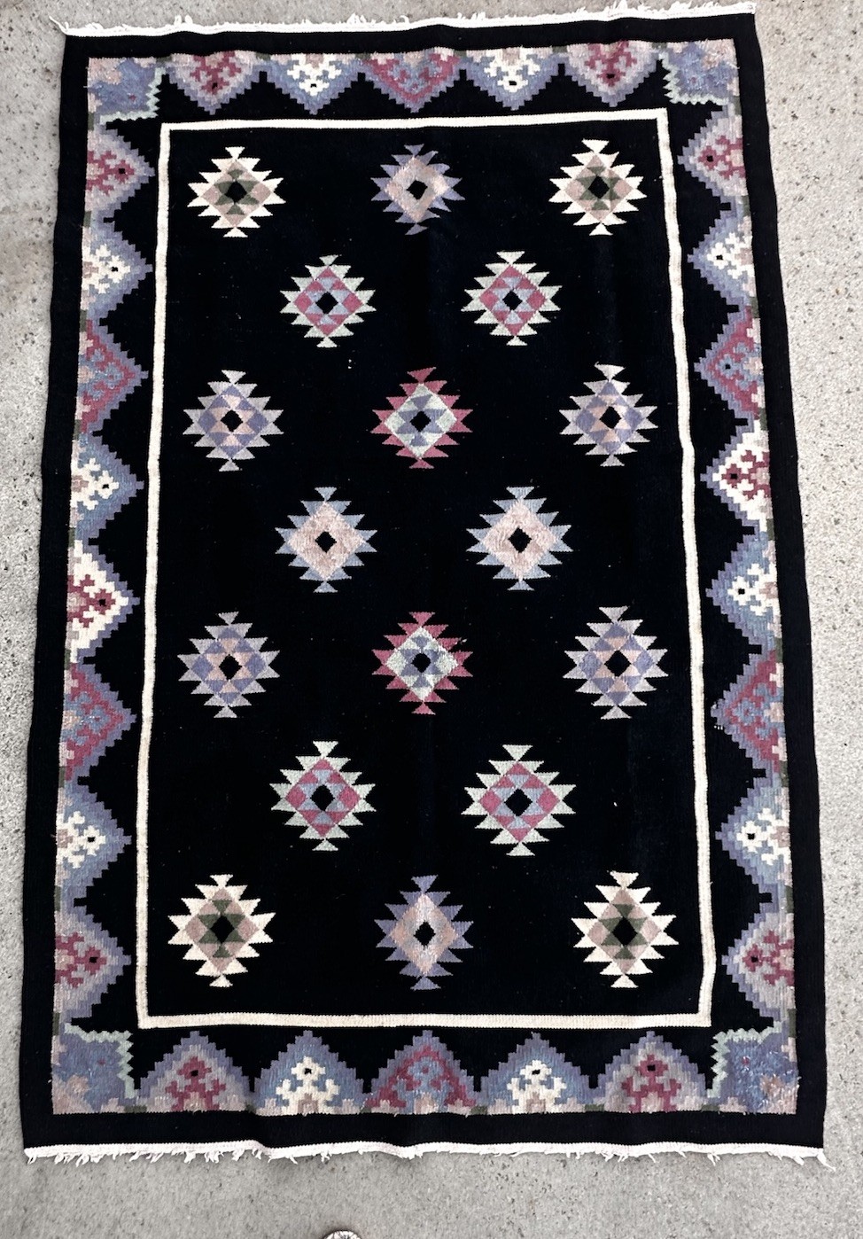 Vintage Wool Dhurrie Rug Handwoven Geometric Patterns Purple On Black “AS IS” gallery