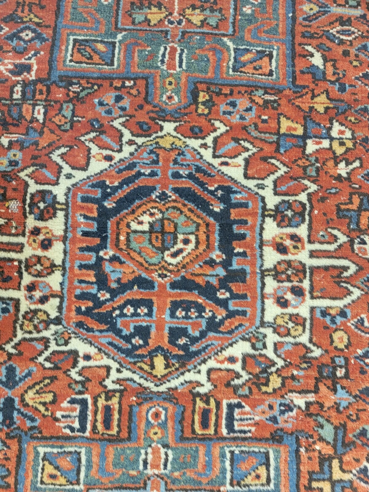Antique Oriental Hand-Knotted Wool Area Rug Red/Ivory/Blue 4' x 5' gallery
